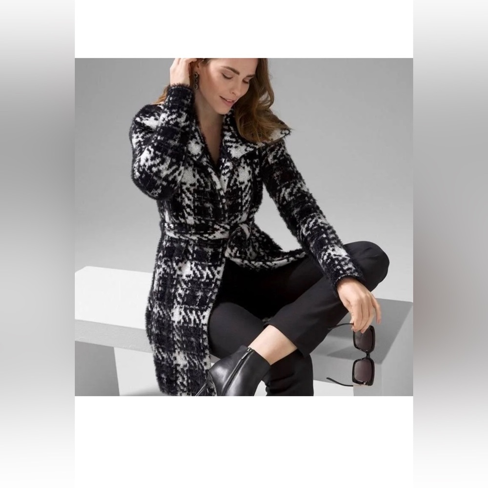 White House Black Market | Black & White Plaid Heavy Sweater Jacket | Size L